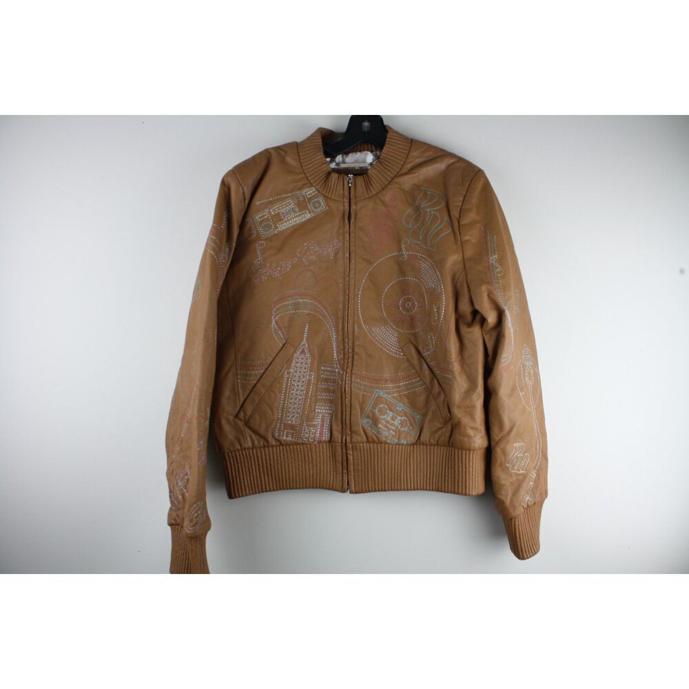 Rocawear XL Brown Leather Bomber Jacket Embroidered Music Y2K Hip Hop Nashville